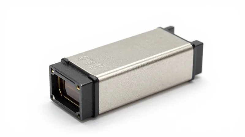 Close-up of a ruggedized fiber optic transceiver showing industrial-grade durability and texture.