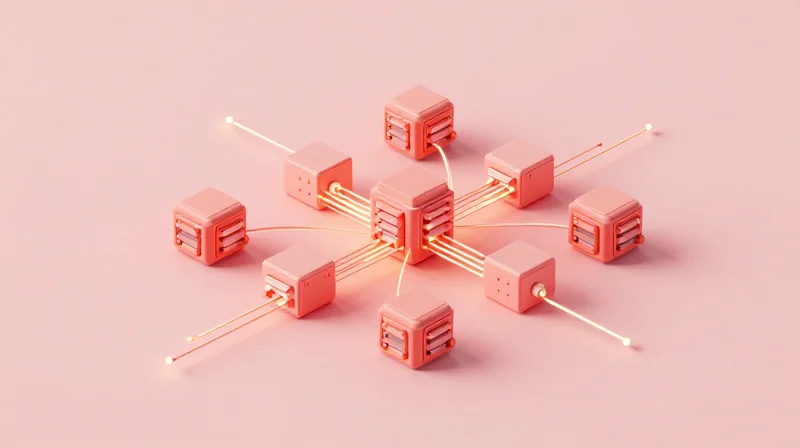 Isometric 3D model of a scalable smart city network with modular server units and data connections.
