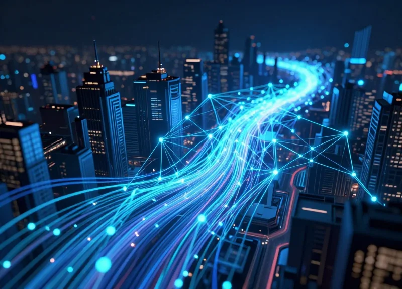Abstract visualization of a smart city fiber optic backbone featuring glowing blue light trails and interconnected data nodes against a dark tech-themed background.