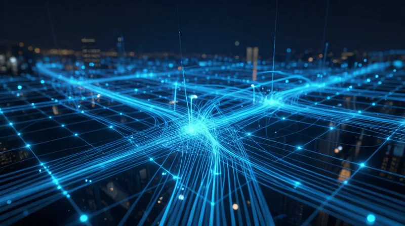 An abstract visualization of a smart city grid with glowing fiber optic lines representing the central nervous system of urban infrastructure.