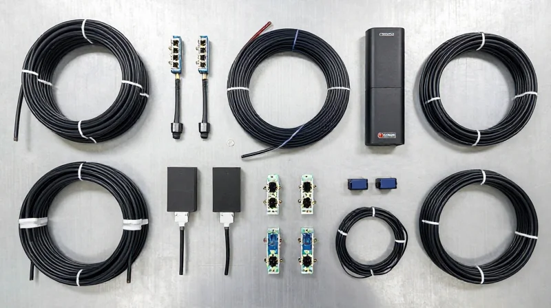 A neatly organized flat lay of fiber optic cables and networking modules representing wholesale procurement.