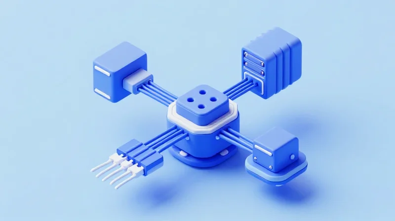 An isometric 3D illustration of customized network hardware being assembled in a modern factory setting.