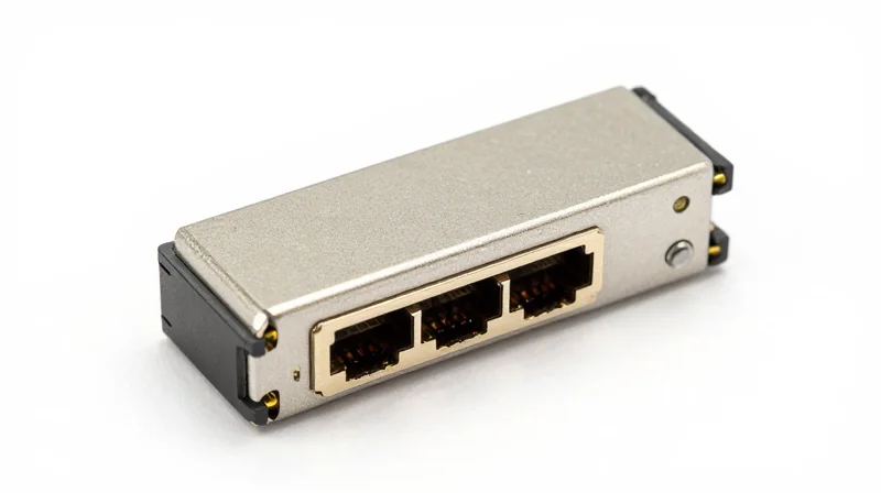 A close-up studio shot of a high-speed SFP28 optical module showing its metallic finish.