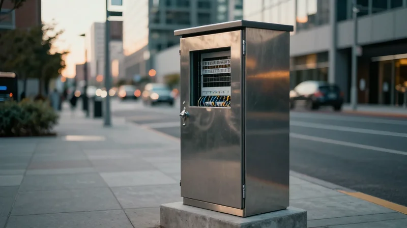 A realistic photo of a fiber distribution cabinet on a city street during golden hour, emphasizing infrastructure durability.