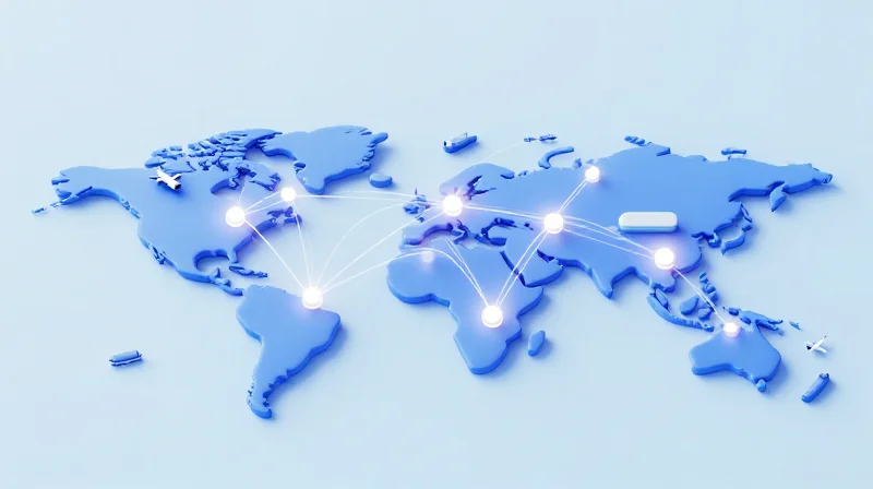 An isometric 3D map showing a global logistics network for hardware delivery.