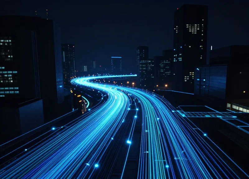 Abstract visualization of glowing blue fiber optic cables connecting a futuristic smart city with data streams and light nodes.