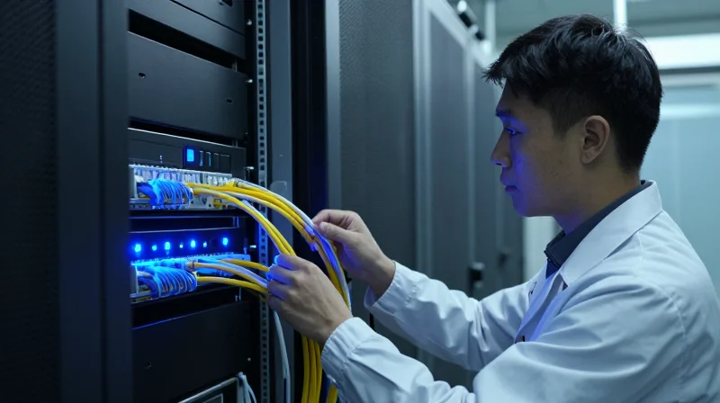 The Evolution of High-Speed Optical Networks in Hospitals Photorealistic image of high-speed fiber optic cables in a modern hospital data center.
