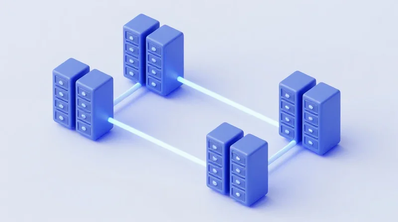 Architecting Redundancy for Zero-Downtime Environments Isometric 3D illustration of a redundant network system for zero-downtime healthcare.
