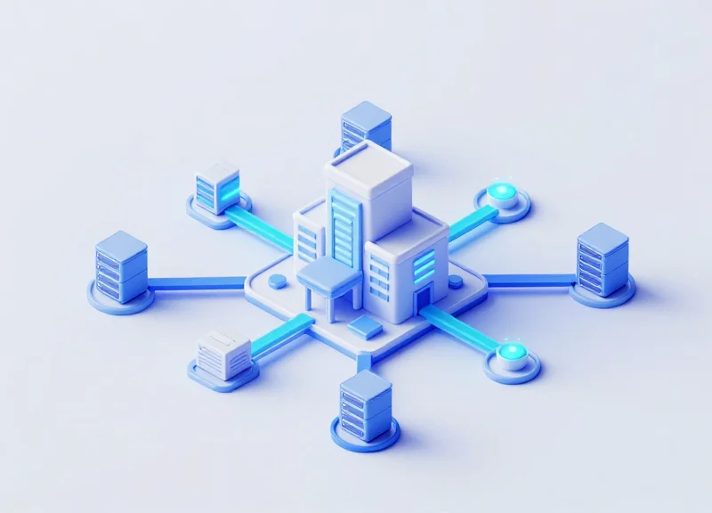 An isometric 3D illustration of a structured healthcare data network with a central hospital building connected to multiple server nodes and data points by glowing stable lines.