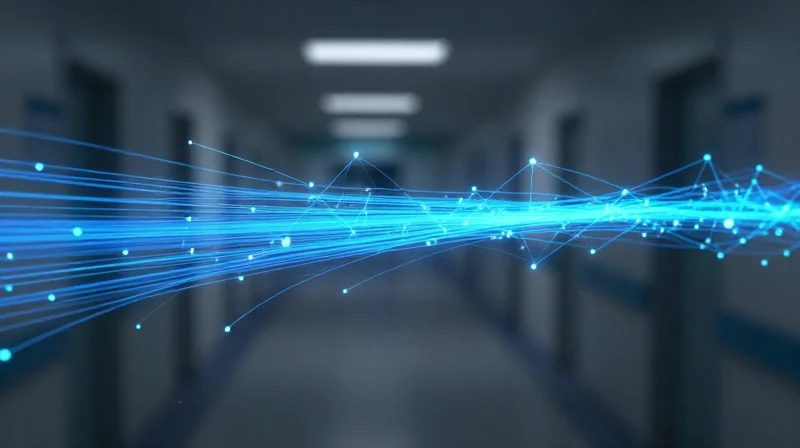 Network Stability and Packet Loss: The 'Always-On' Clinical Requirement Abstract data visualization of a steady, unbroken stream of glowing fiber optic nodes in a hospital setting.