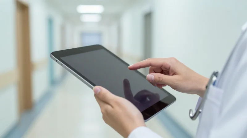 Compliance and Security: Stability as a Pre-requisite for HIPAA Photorealistic shot of a healthcare professional securely accessing clinical data on a mobile device in a hospital.