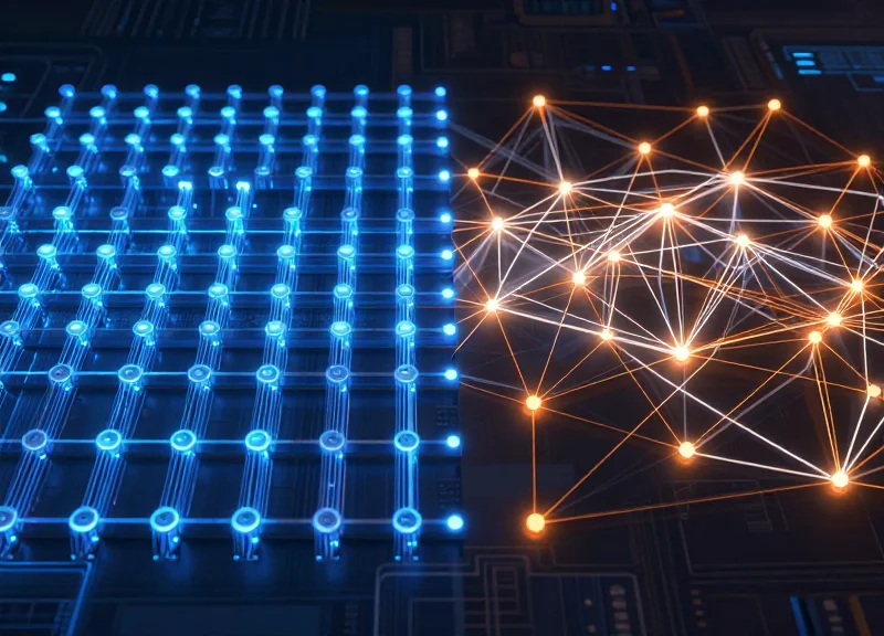 A professional side-by-side comparison of two abstract digital networks, one showing a stable blue structure and the other a fragmented orange structure.