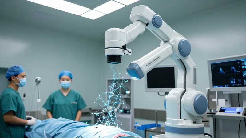 A modern surgical robot in a clean operating room with subtle glowing network data streams connecting it to overhead systems.