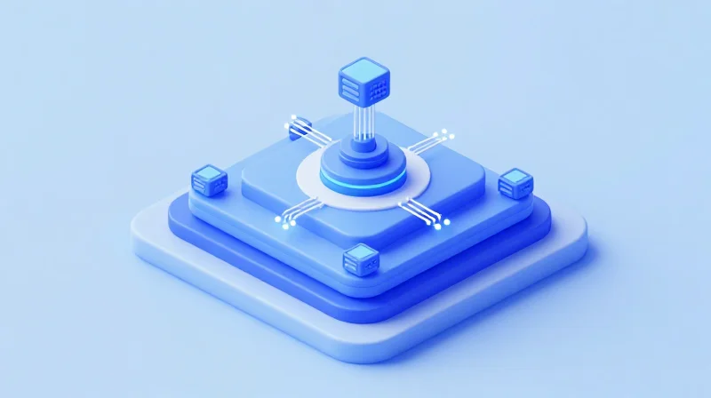 An isometric 3D illustration of a modular network architecture showing perfect stability and connectivity.