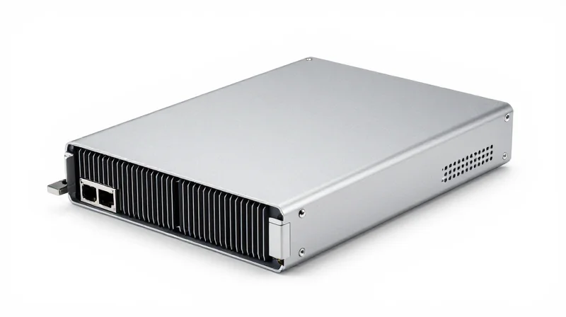 A professional product shot of a high-quality network module with metallic casing on a clean background.