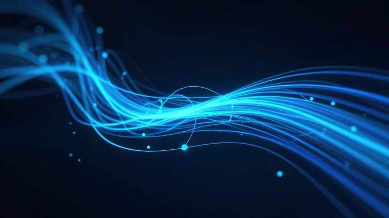 Abstract data visualization showing smooth, fast flowing light trails representing low latency in a network.