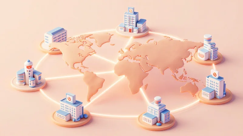 An isometric 3D map showing interconnected hospital buildings across different regions of a stylized globe.