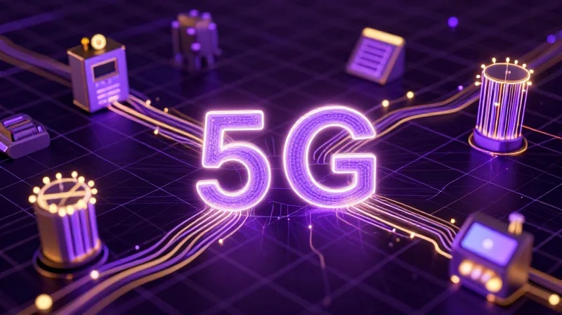 A high-tech digital grid representing 5G and the Internet of Medical Things (IoMT) connection points.