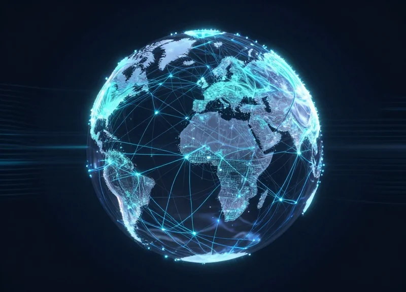 Abstract 3D visualization of a stable global healthcare data network with glowing blue connection lines and digital nodes on a dark background.