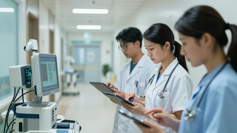 A medical professional in a modern hospital environment using a tablet for real-time patient care.