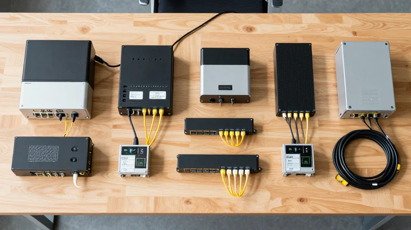 A professional flat lay of networking components including fiber optics and modules for wholesale procurement.