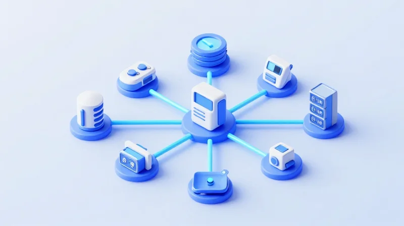 Isometric 3D illustration of a smart hospital building showing network connectivity modules.