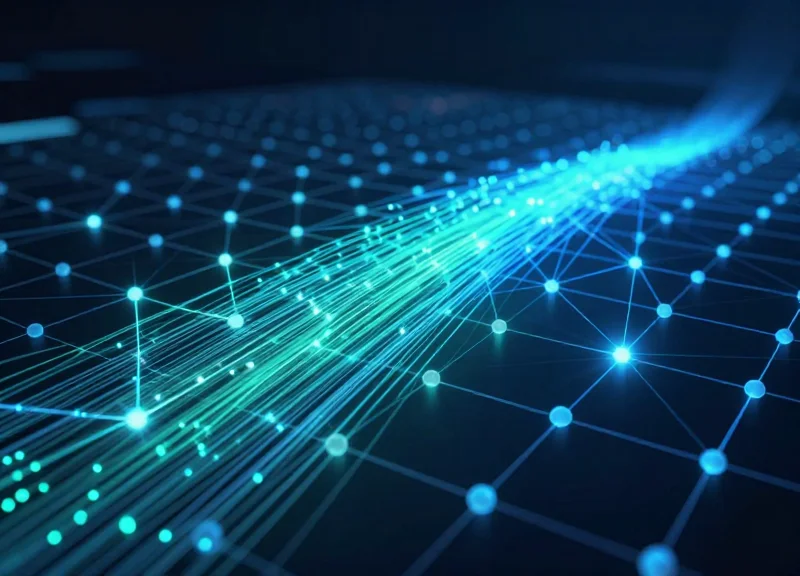 An abstract digital visualization of a stable healthcare data network with glowing blue connection points and flowing data streams.