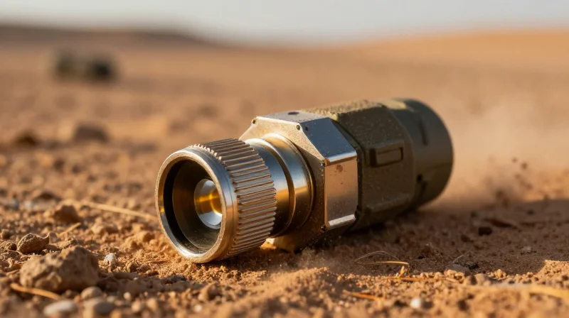 A high-durability military-grade fiber optic connector sitting on a rough, dusty battlefield surface, demonstrating reliability.