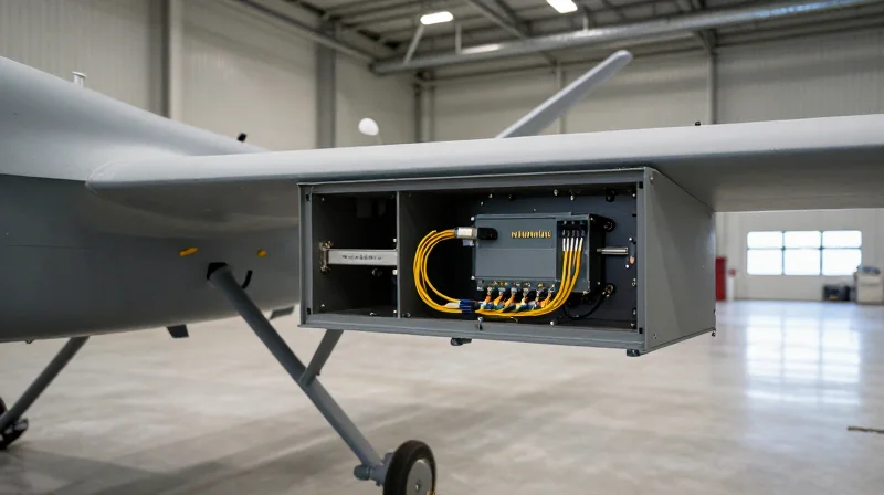 A high-tech UAV sensor suite showing the integration of optical fiber networks.