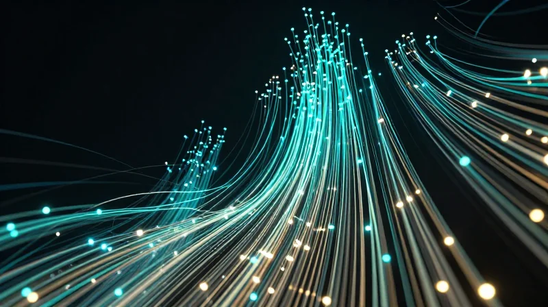 Abstract visualization of high-speed 100G data streams in a military network context.
