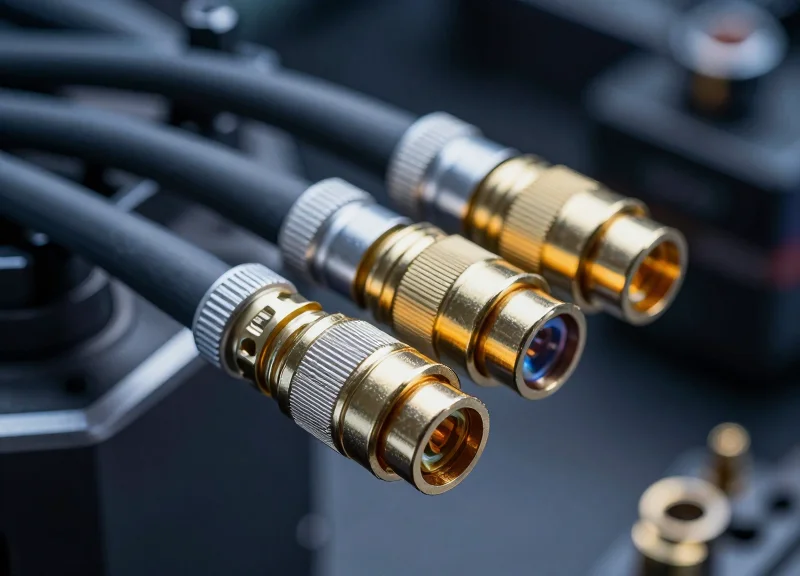 A close-up, high-detail photograph of ruggedized military-grade fiber optic connectors and cables with a shallow depth of field, set against a dark industrial background with blue technical lighting.