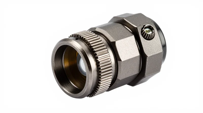 A close-up of a heavy-duty military-grade optical fiber connector with a matte metallic finish on a pure white background.