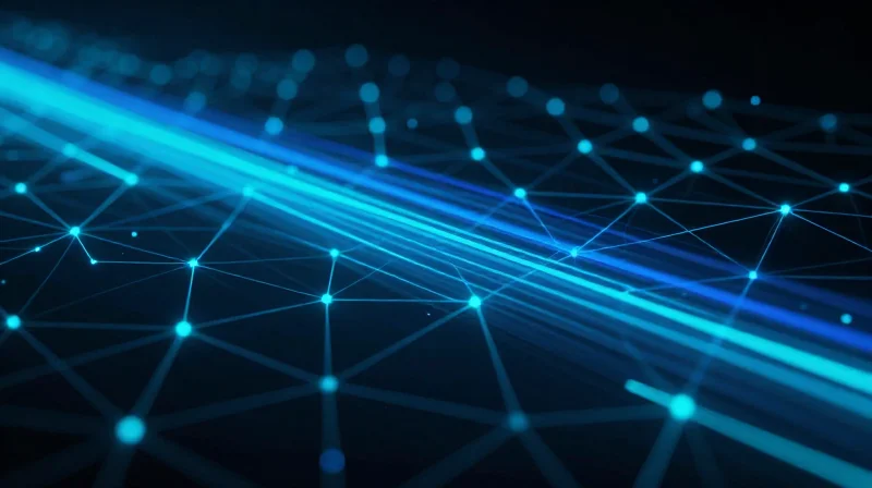 Abstract visualization of light signals traveling at high speed through a digital network grid.