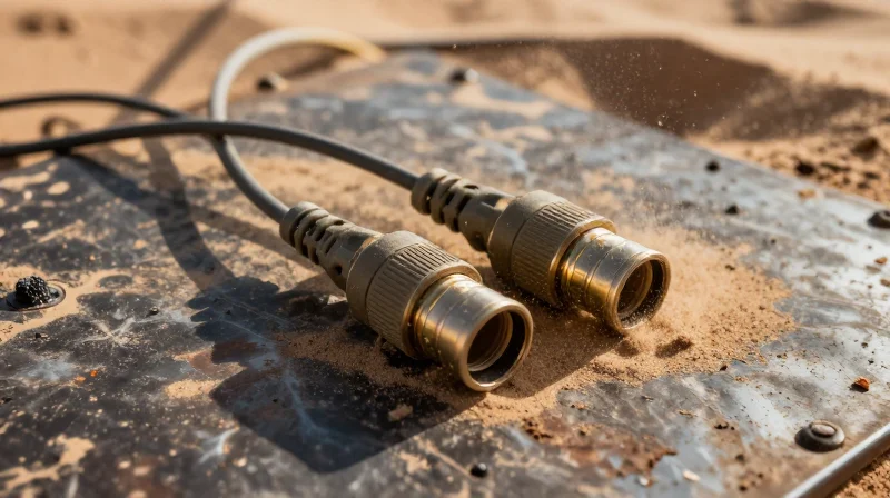 Rugged fiber optic connectors lying on a weathered metal surface in a harsh desert environment.
