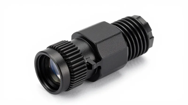 Close-up of a military-grade optical connector showing detailed metallic threading and matte finish.
