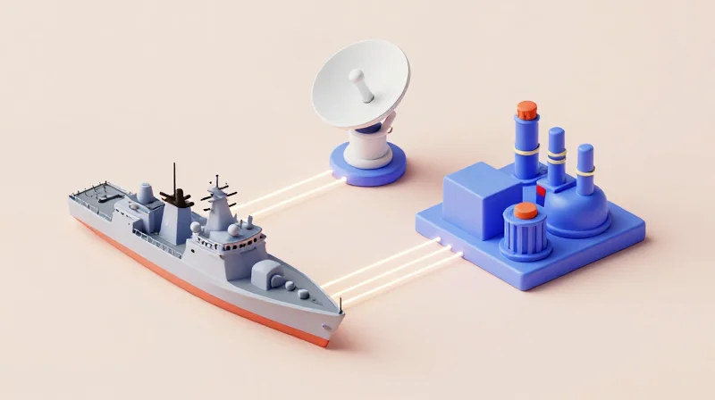 Isometric 3D model of naval ships and satellites connected by glowing fiber lines.