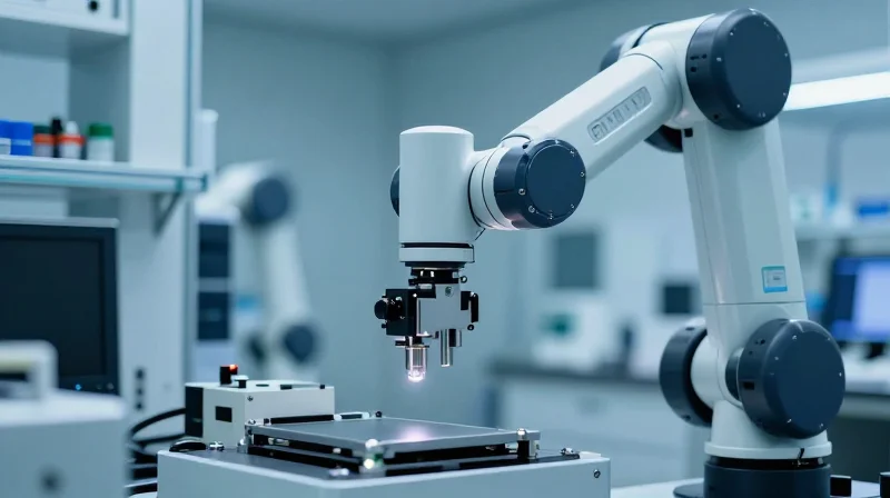 A robotic arm inspecting an optical component in a high-tech laboratory.