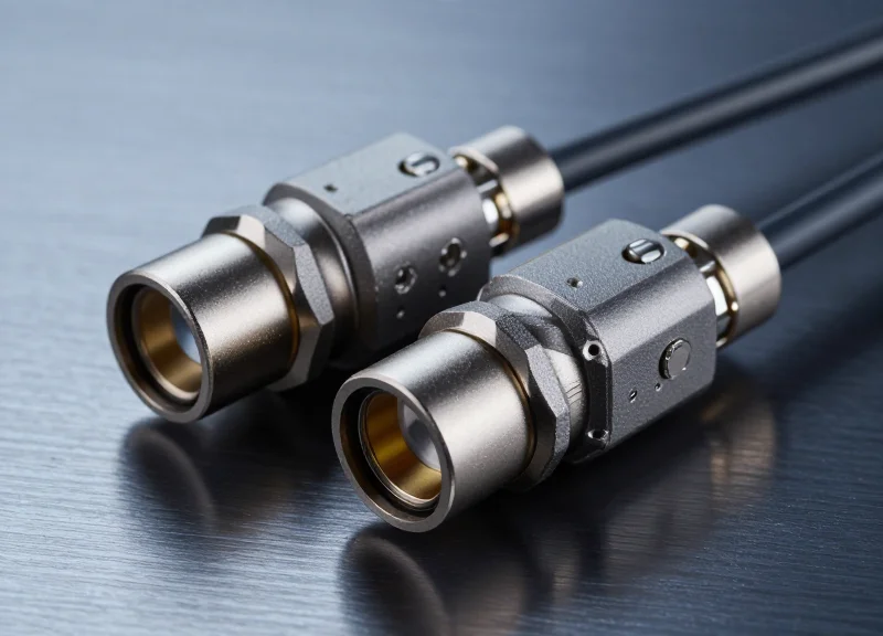 Professional close-up of high-quality military-grade optical fiber connectors with rugged metallic casing on a clean industrial surface.