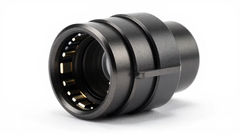 High-precision military-grade circular optical connector with a matte black finish on a white background