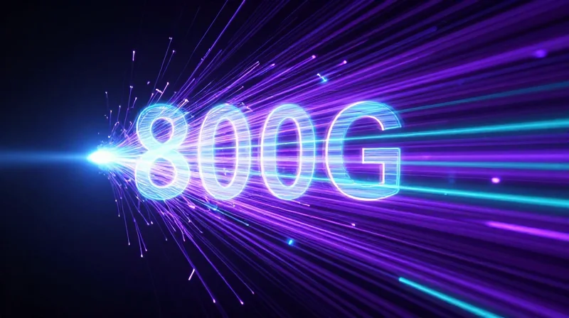 High-speed light trails in a digital vacuum representing 800G data transfer speeds