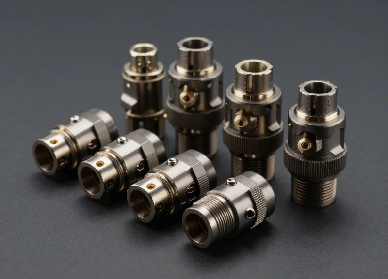 High-end military-grade fiber optic interconnects and connectors neatly arranged on a clean industrial surface.